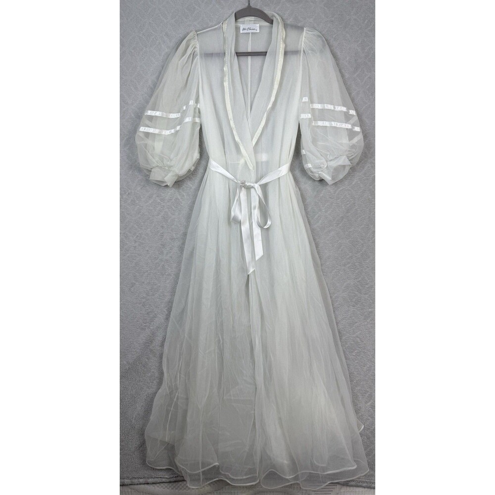 Vtg Miss Elaine Sheer Robe S/M White Belt Peignoir Puff Sleeve Bridal Retro 50s - Picture 1 of 11